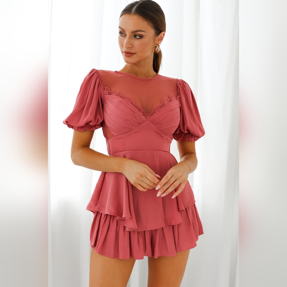 L'AMOUR LACE MESH BUST PUFF SLEEVE ROMPER ROSE size M